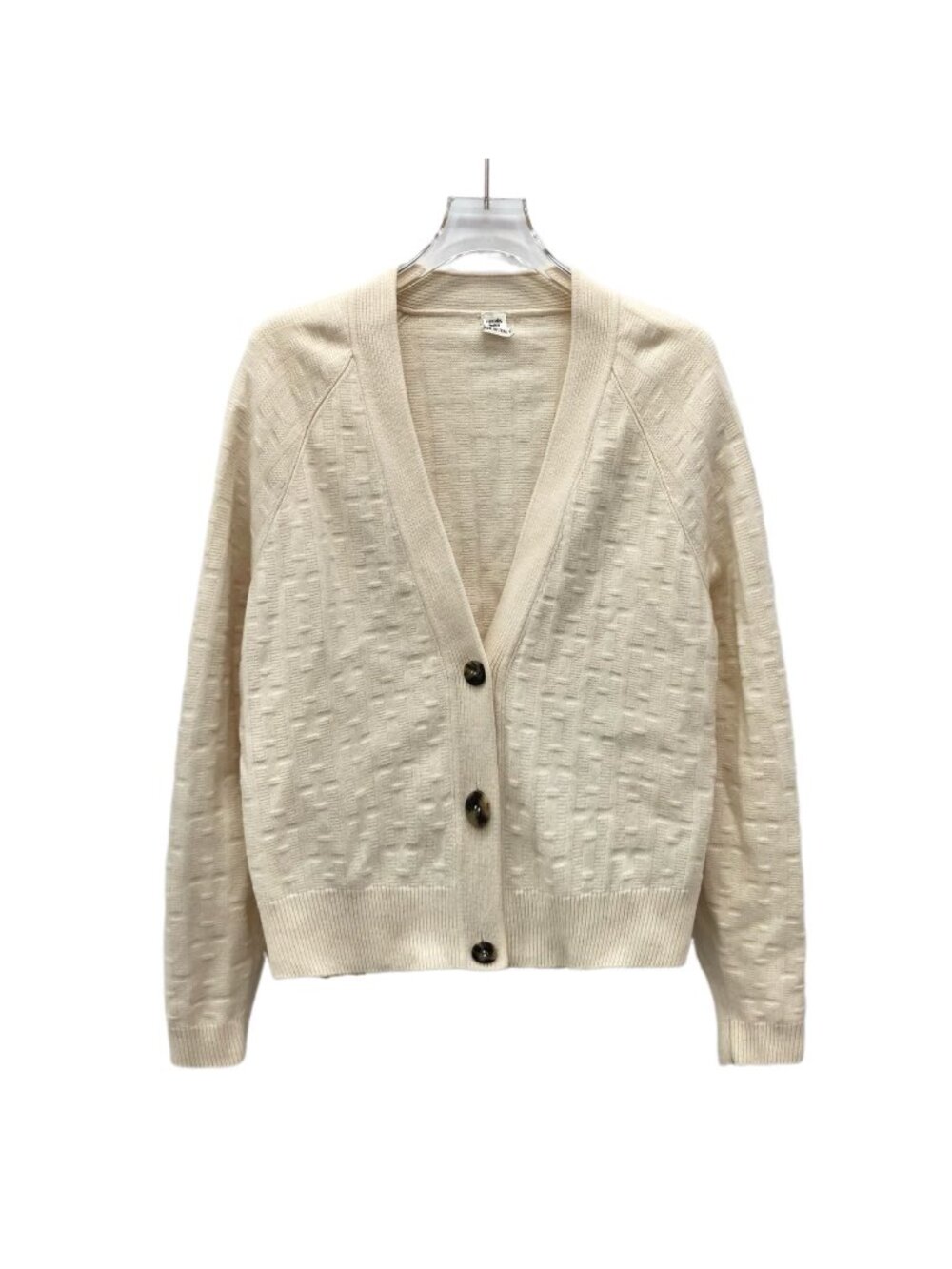 Hermès Beige H-Logo Jacquard Wool V-Neck Knit Cardigan